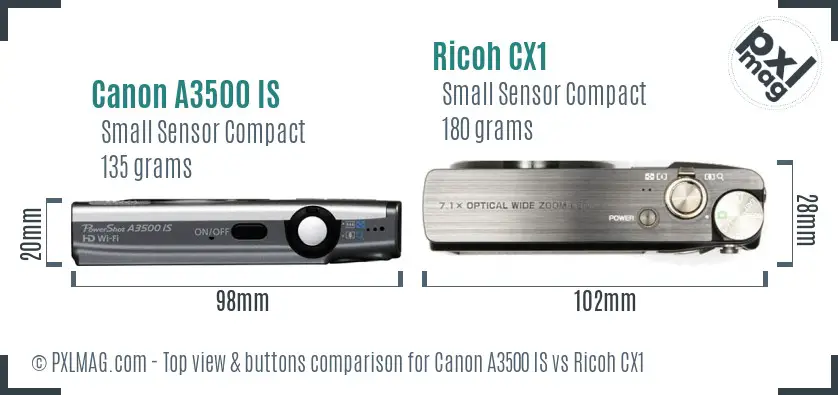 Canon A3500 IS vs Ricoh CX1 top view buttons comparison