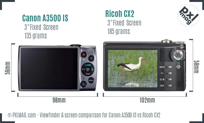 Canon A3500 IS vs Ricoh CX2 Screen and Viewfinder comparison Canon A3500 IS vs Ricoh CX2 Screen and Viewfinder comparison