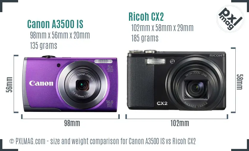 Canon A3500 IS vs Ricoh CX2 size comparison Canon A3500 IS vs Ricoh CX2 size comparison