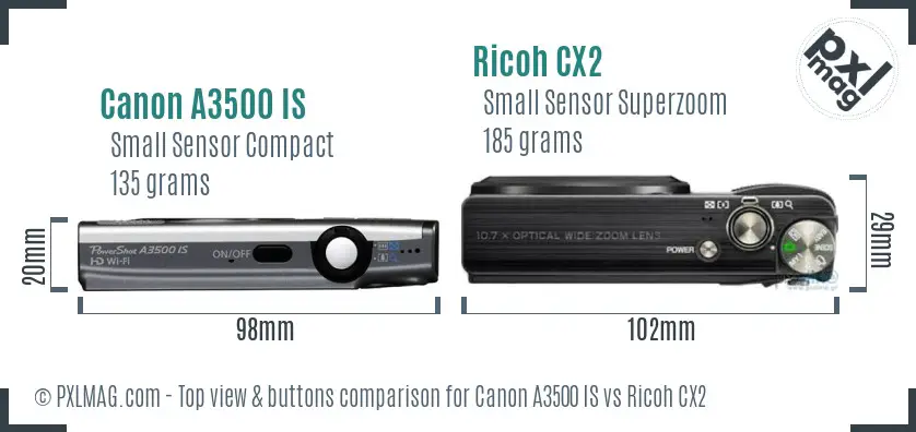 Canon A3500 IS vs Ricoh CX2 top view buttons comparison Canon A3500 IS vs Ricoh CX2 top view buttons comparison