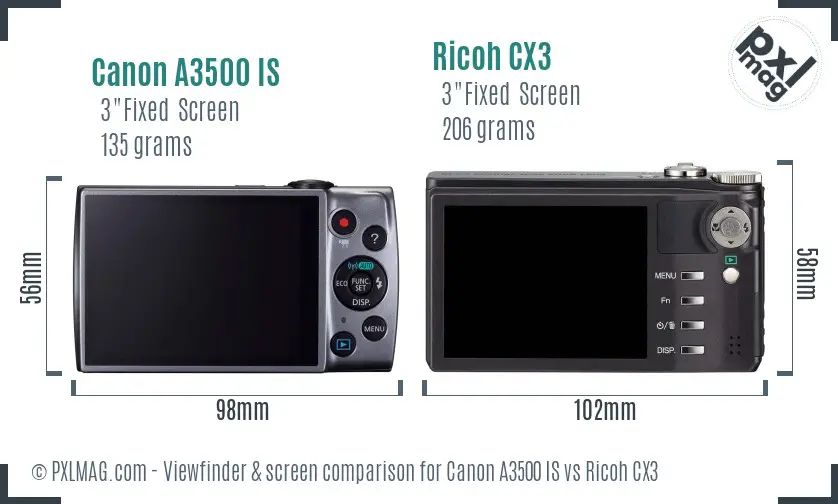 Canon A3500 IS vs Ricoh CX3 Screen and Viewfinder comparison
