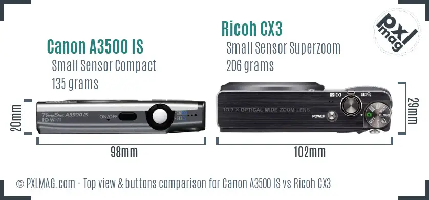 Canon A3500 IS vs Ricoh CX3 top view buttons comparison