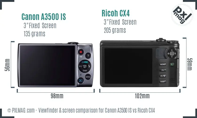 Canon A3500 IS vs Ricoh CX4 Screen and Viewfinder comparison Canon A3500 IS vs Ricoh CX4 Screen and Viewfinder comparison