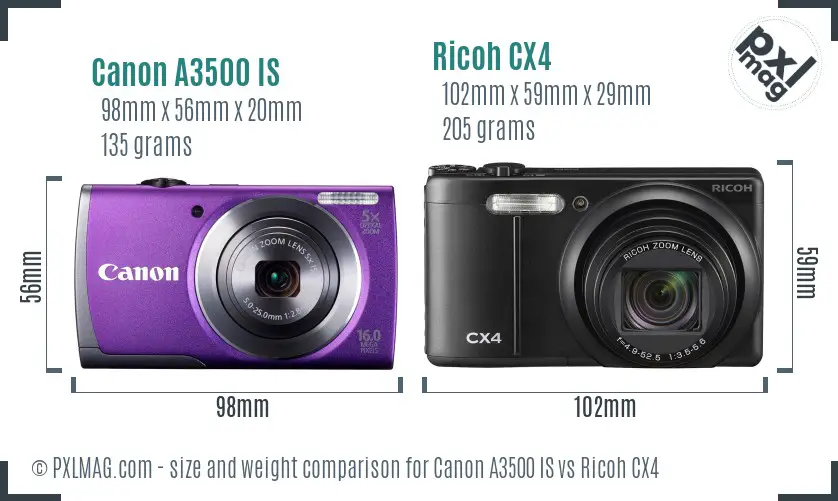Canon A3500 IS vs Ricoh CX4 size comparison Canon A3500 IS vs Ricoh CX4 size comparison