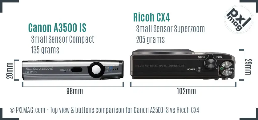 Canon A3500 IS vs Ricoh CX4 top view buttons comparison Canon A3500 IS vs Ricoh CX4 top view buttons comparison