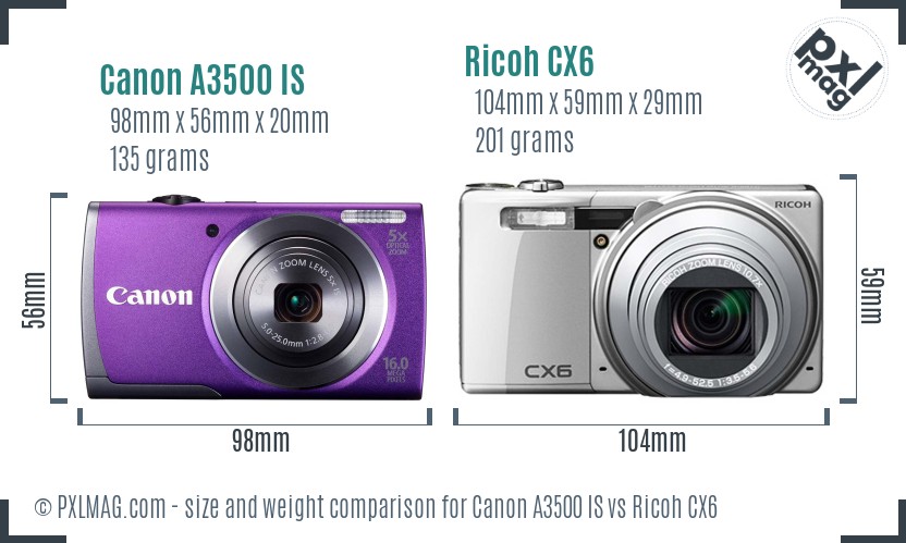 Canon A3500 IS vs Ricoh CX6 size comparison