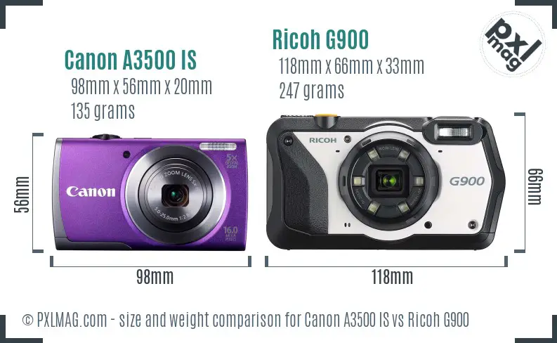 Canon A3500 IS vs Ricoh G900 size comparison