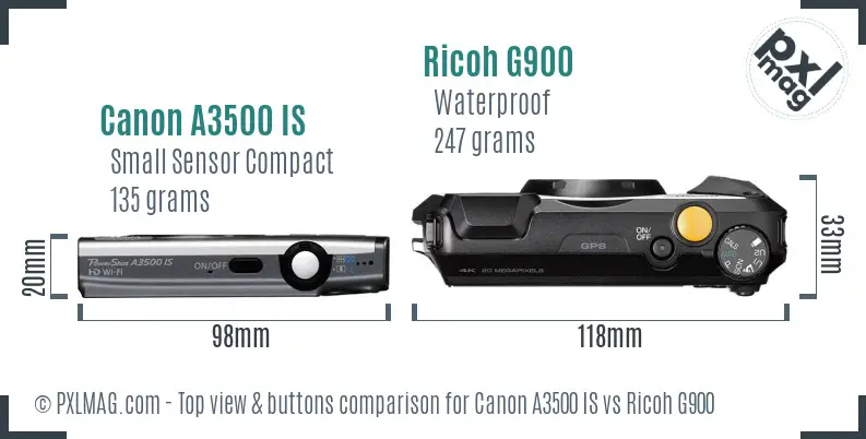 Canon A3500 IS vs Ricoh G900 top view buttons comparison