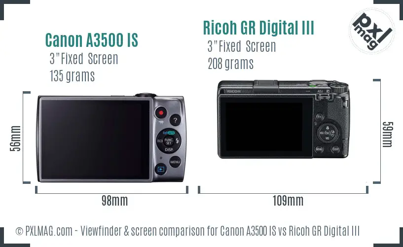 Canon A3500 IS vs Ricoh GR Digital III Screen and Viewfinder comparison