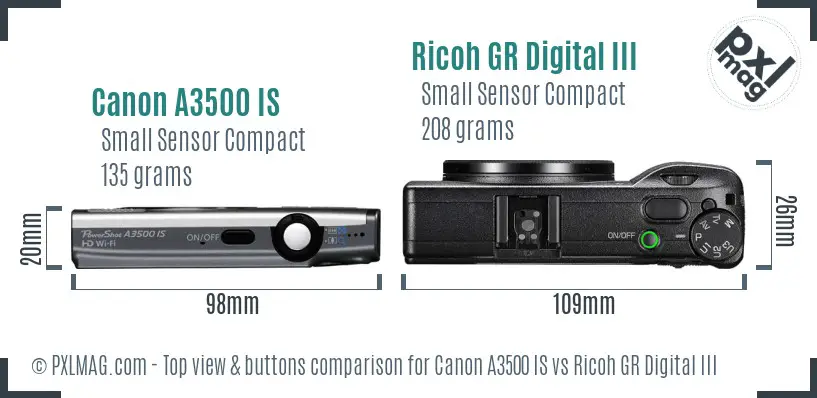 Canon A3500 IS vs Ricoh GR Digital III top view buttons comparison