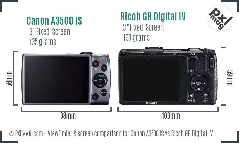 Canon A3500 IS vs Ricoh GR Digital IV Screen and Viewfinder comparison