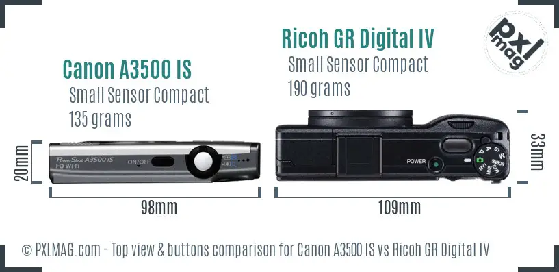 Canon A3500 IS vs Ricoh GR Digital IV top view buttons comparison