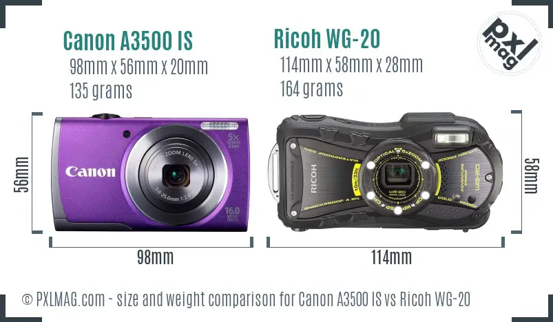 Canon A3500 IS vs Ricoh WG-20 size comparison