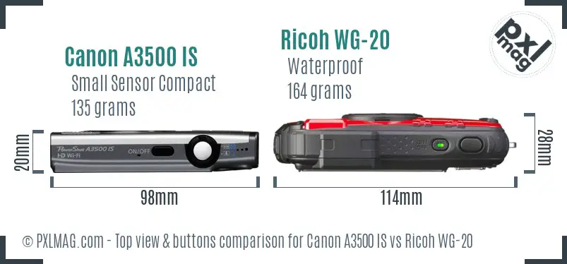 Canon A3500 IS vs Ricoh WG-20 top view buttons comparison