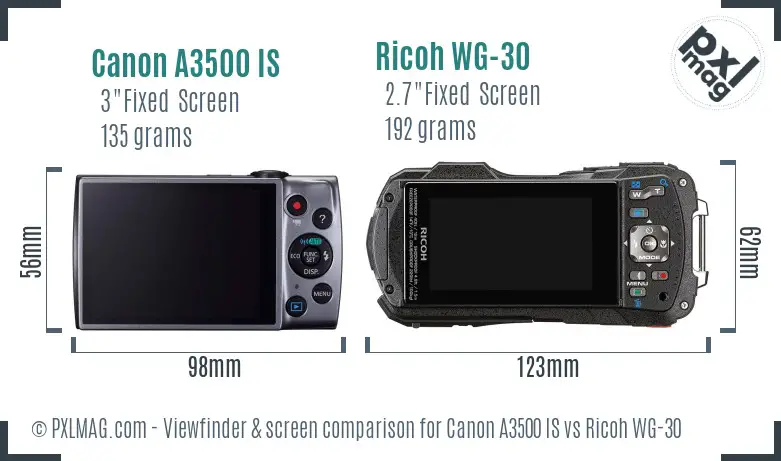 Canon A3500 IS vs Ricoh WG-30 Screen and Viewfinder comparison