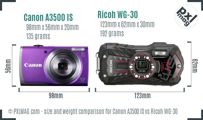 Canon A3500 IS vs Ricoh WG-30 size comparison