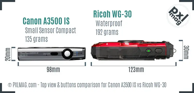 Canon A3500 IS vs Ricoh WG-30 top view buttons comparison