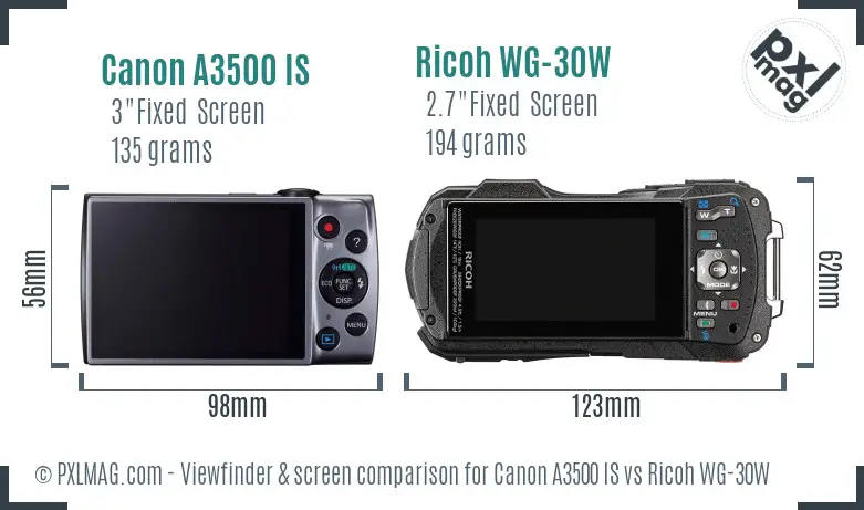 Canon A3500 IS vs Ricoh WG-30W Screen and Viewfinder comparison