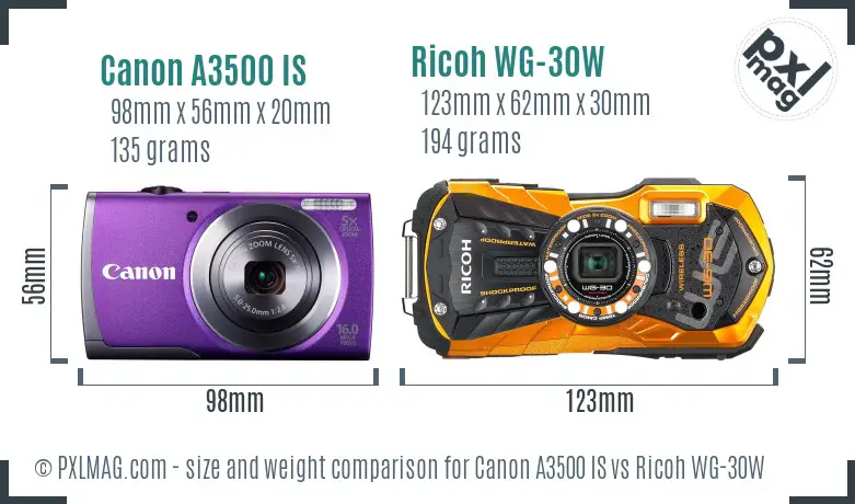 Canon A3500 IS vs Ricoh WG-30W size comparison