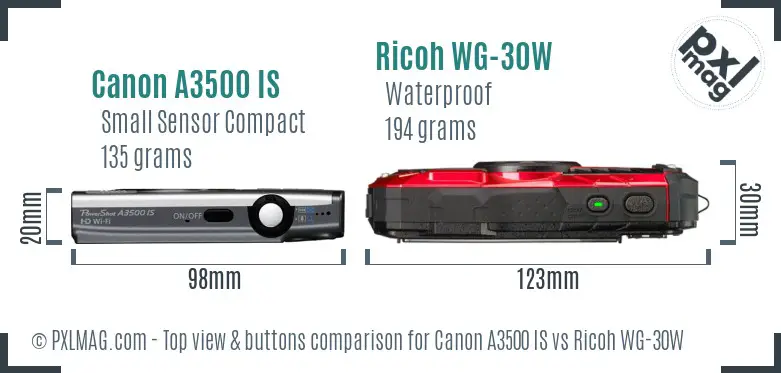 Canon A3500 IS vs Ricoh WG-30W top view buttons comparison