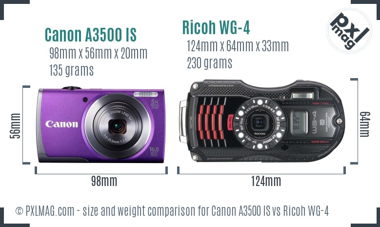 Canon A3500 IS vs Ricoh WG-4 size comparison
