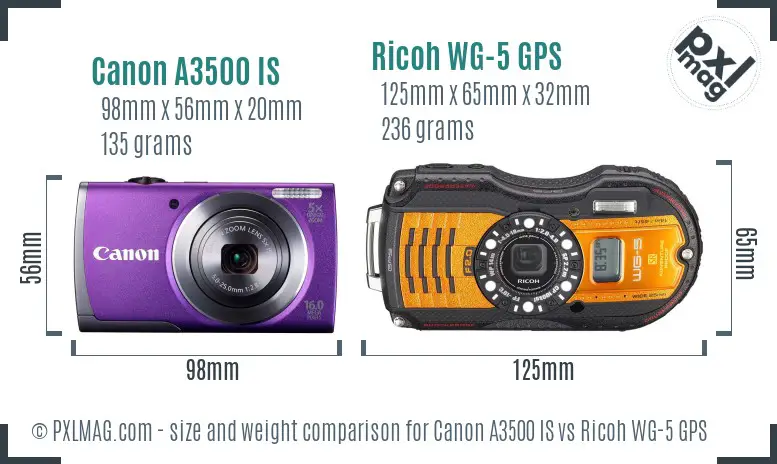 Canon A3500 IS vs Ricoh WG-5 GPS size comparison