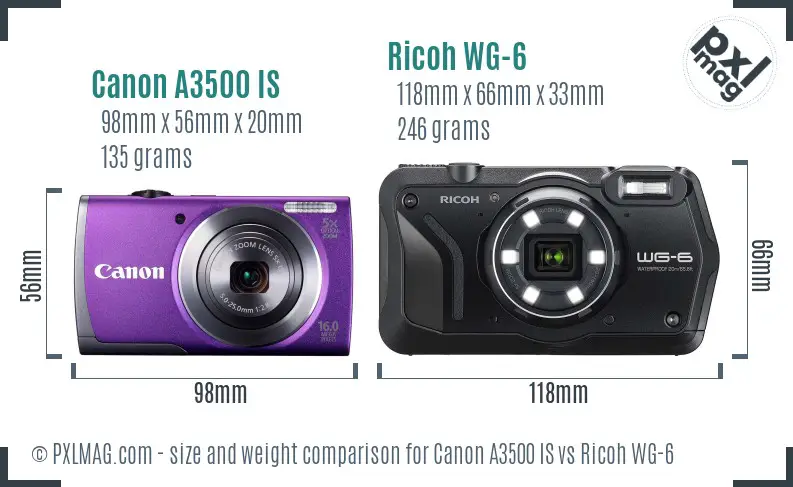 Canon A3500 IS vs Ricoh WG-6 size comparison