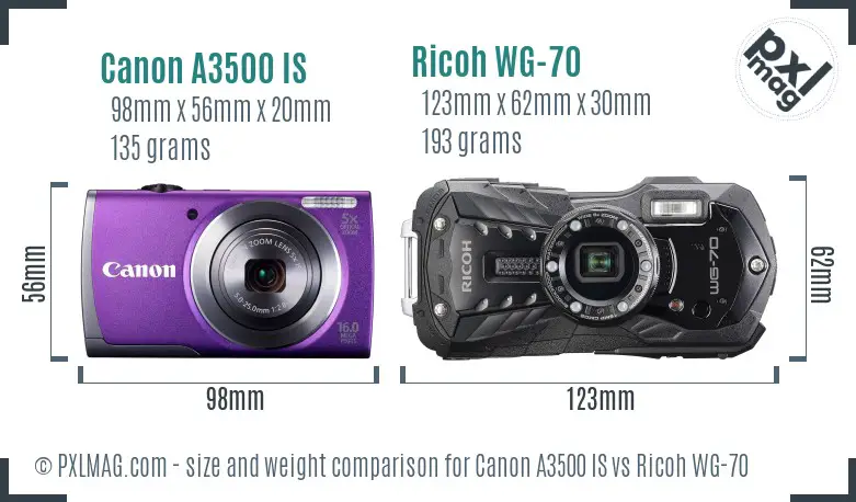 Canon A3500 IS vs Ricoh WG-70 size comparison Canon A3500 IS vs Ricoh WG-70 size comparison