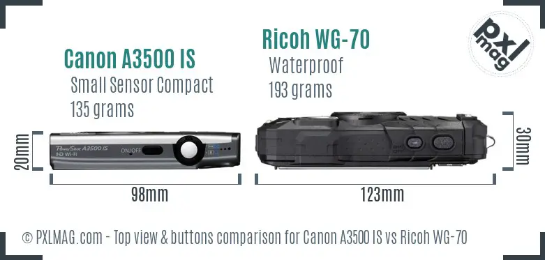 Canon A3500 IS vs Ricoh WG-70 top view buttons comparison