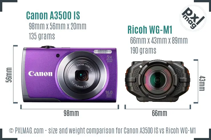 Canon A3500 IS vs Ricoh WG-M1 size comparison