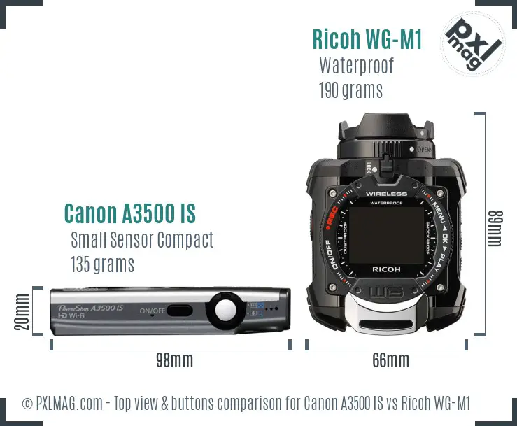 Canon A3500 IS vs Ricoh WG-M1 top view buttons comparison