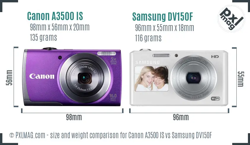 Canon A3500 IS vs Samsung DV150F size comparison