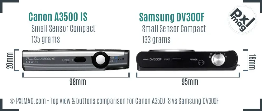 Canon A3500 IS vs Samsung DV300F top view buttons comparison