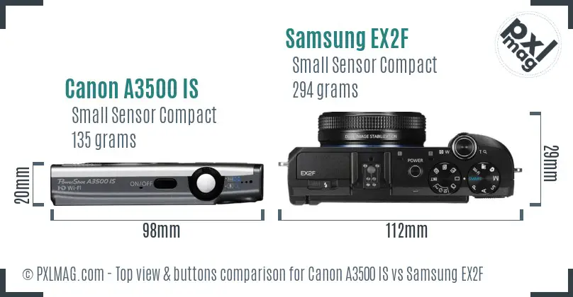 Canon A3500 IS vs Samsung EX2F top view buttons comparison