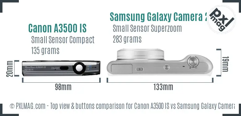 Canon A3500 IS vs Samsung Galaxy Camera 2 top view buttons comparison Canon A3500 IS vs Samsung Galaxy Camera 2 top view buttons comparison