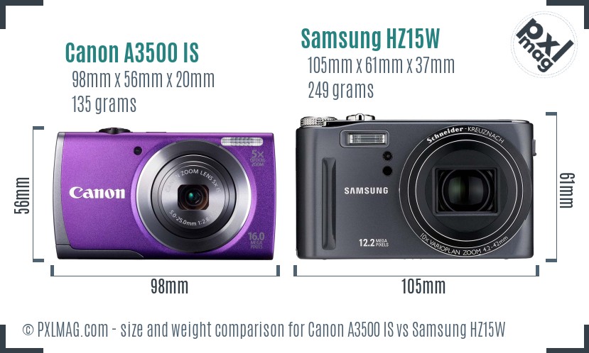 Canon A3500 IS vs Samsung HZ15W size comparison Canon A3500 IS vs Samsung HZ15W size comparison