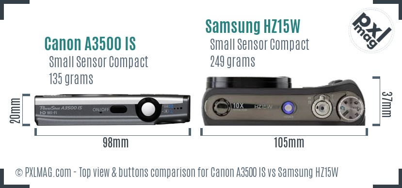 Canon A3500 IS vs Samsung HZ15W top view buttons comparison