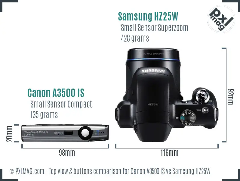 Canon A3500 IS vs Samsung HZ25W top view buttons comparison