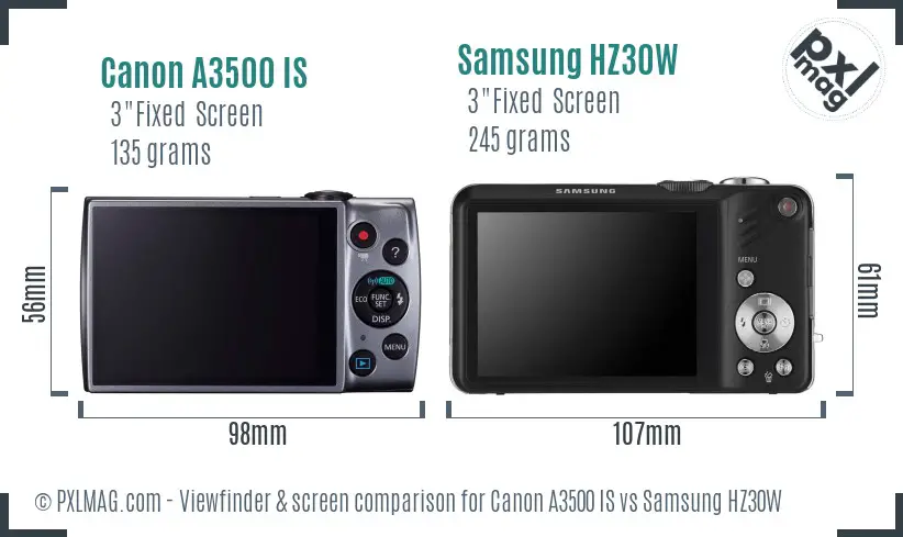 Canon A3500 IS vs Samsung HZ30W Screen and Viewfinder comparison