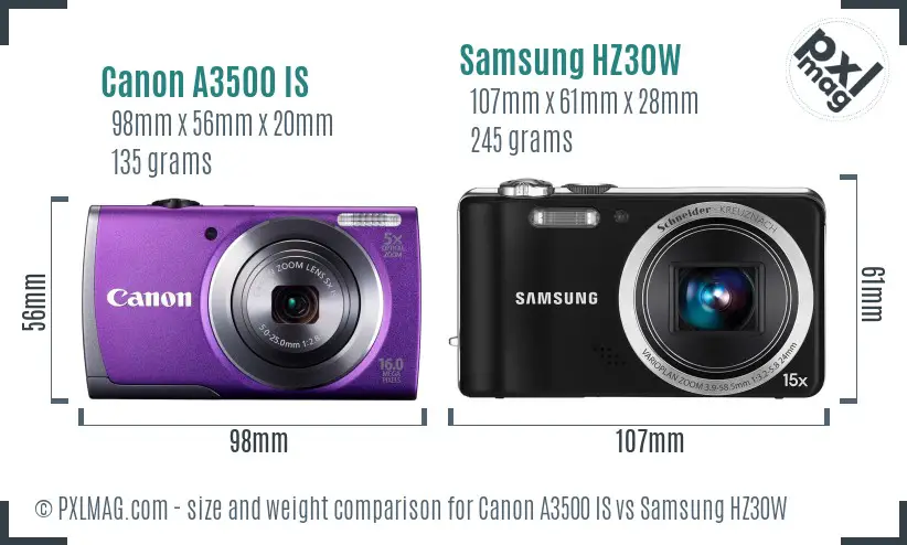 Canon A3500 IS vs Samsung HZ30W size comparison Canon A3500 IS vs Samsung HZ30W size comparison
