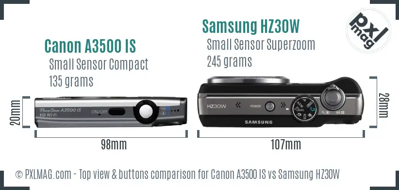 Canon A3500 IS vs Samsung HZ30W top view buttons comparison
