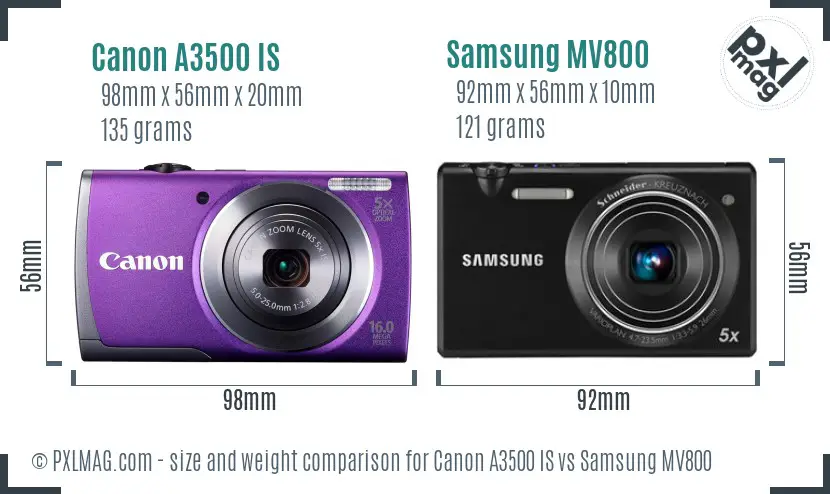 Canon A3500 IS vs Samsung MV800 size comparison