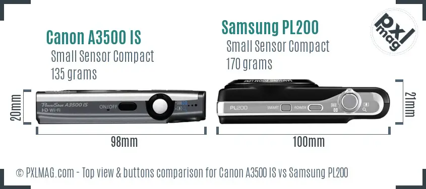 Canon A3500 IS vs Samsung PL200 top view buttons comparison Canon A3500 IS vs Samsung PL200 top view buttons comparison
