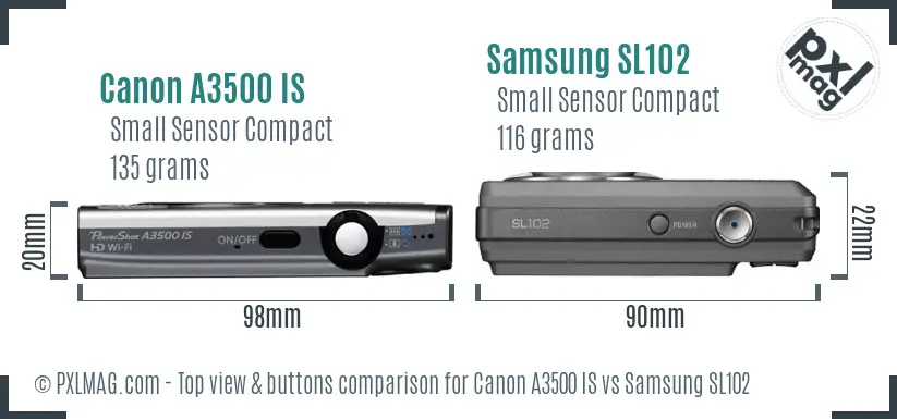 Canon A3500 IS vs Samsung SL102 top view buttons comparison