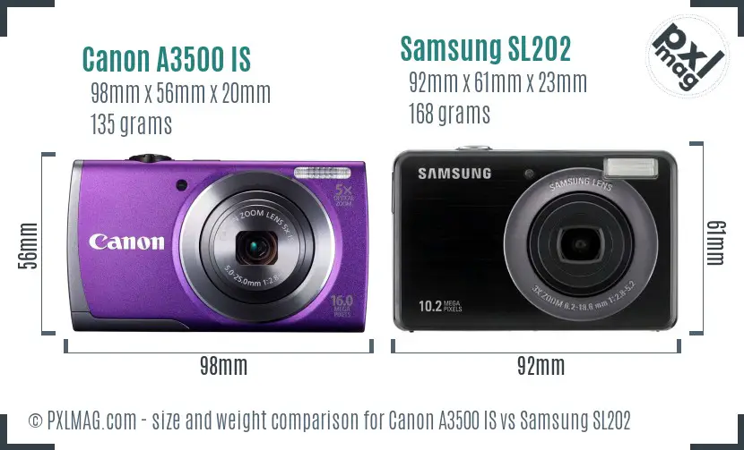 Canon A3500 IS vs Samsung SL202 size comparison