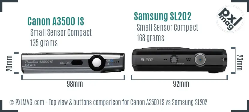 Canon A3500 IS vs Samsung SL202 top view buttons comparison