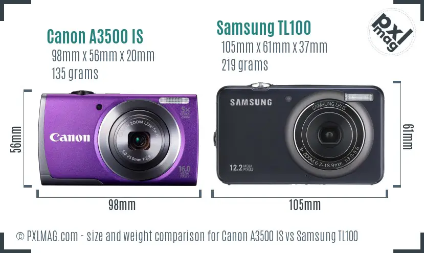 Canon A3500 IS vs Samsung TL100 size comparison