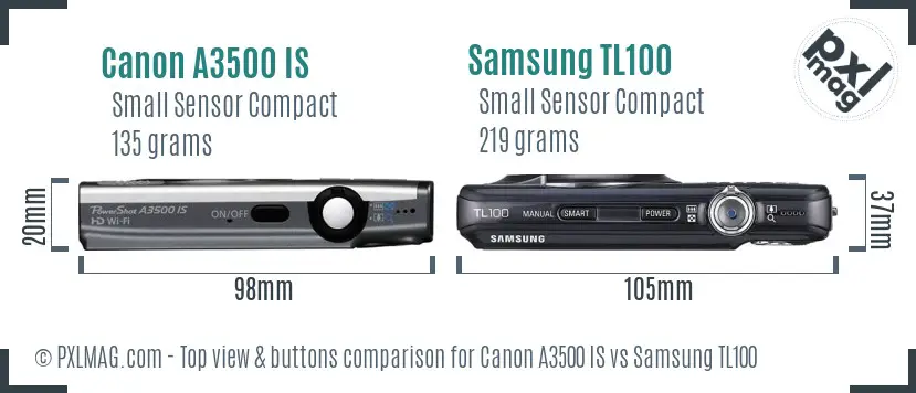 Canon A3500 IS vs Samsung TL100 top view buttons comparison