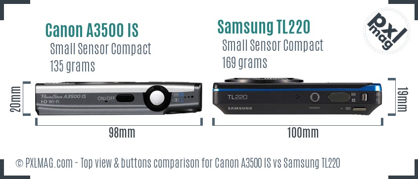 Canon A3500 IS vs Samsung TL220 top view buttons comparison