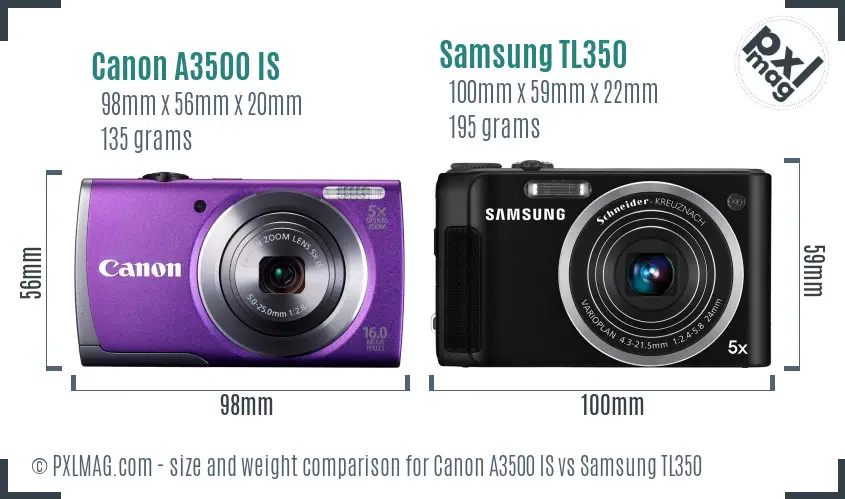 Canon A3500 IS vs Samsung TL350 size comparison